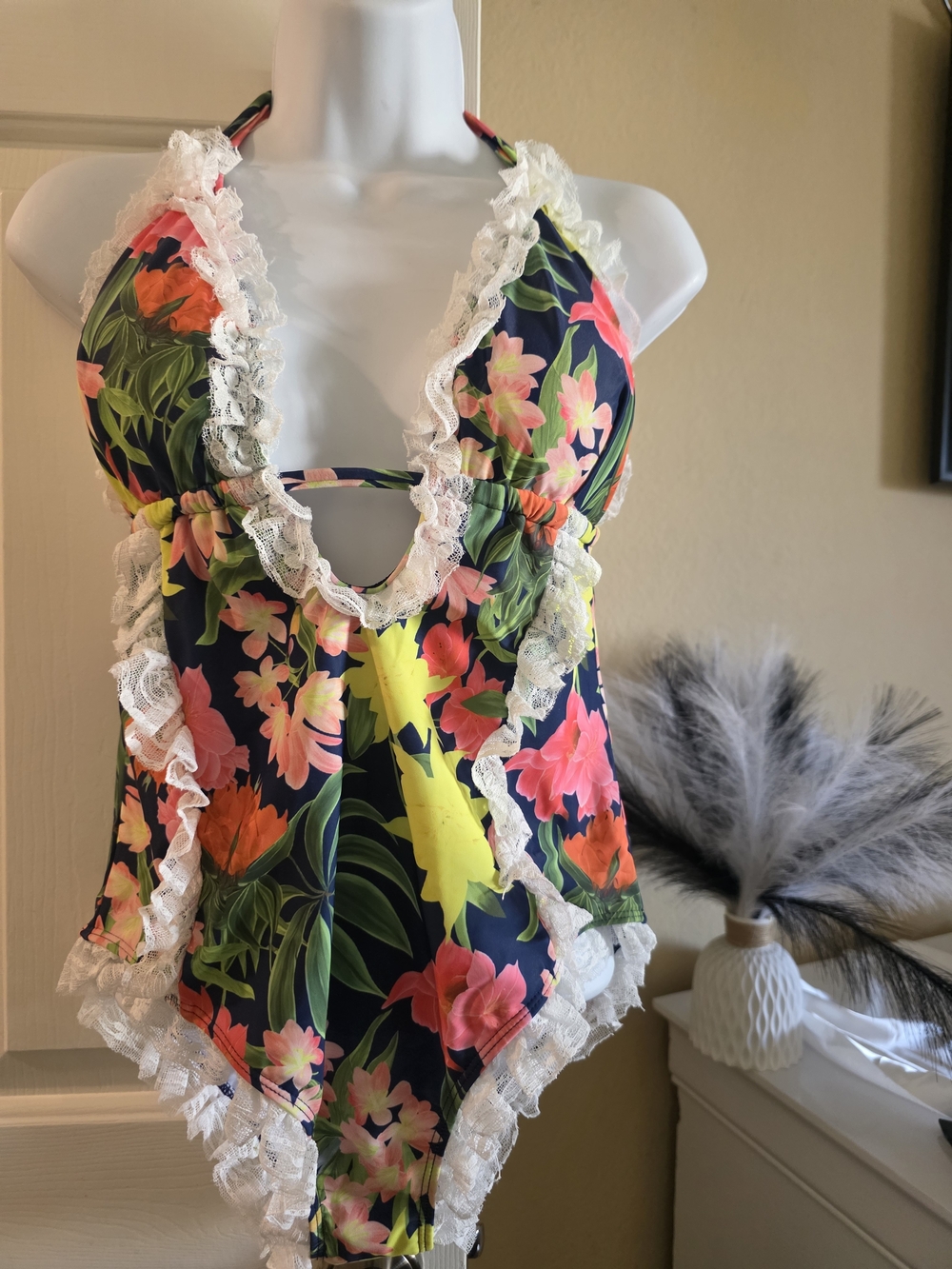 Floral Ruffle-Trim One-Piece Swimsuit in Navy and Pink